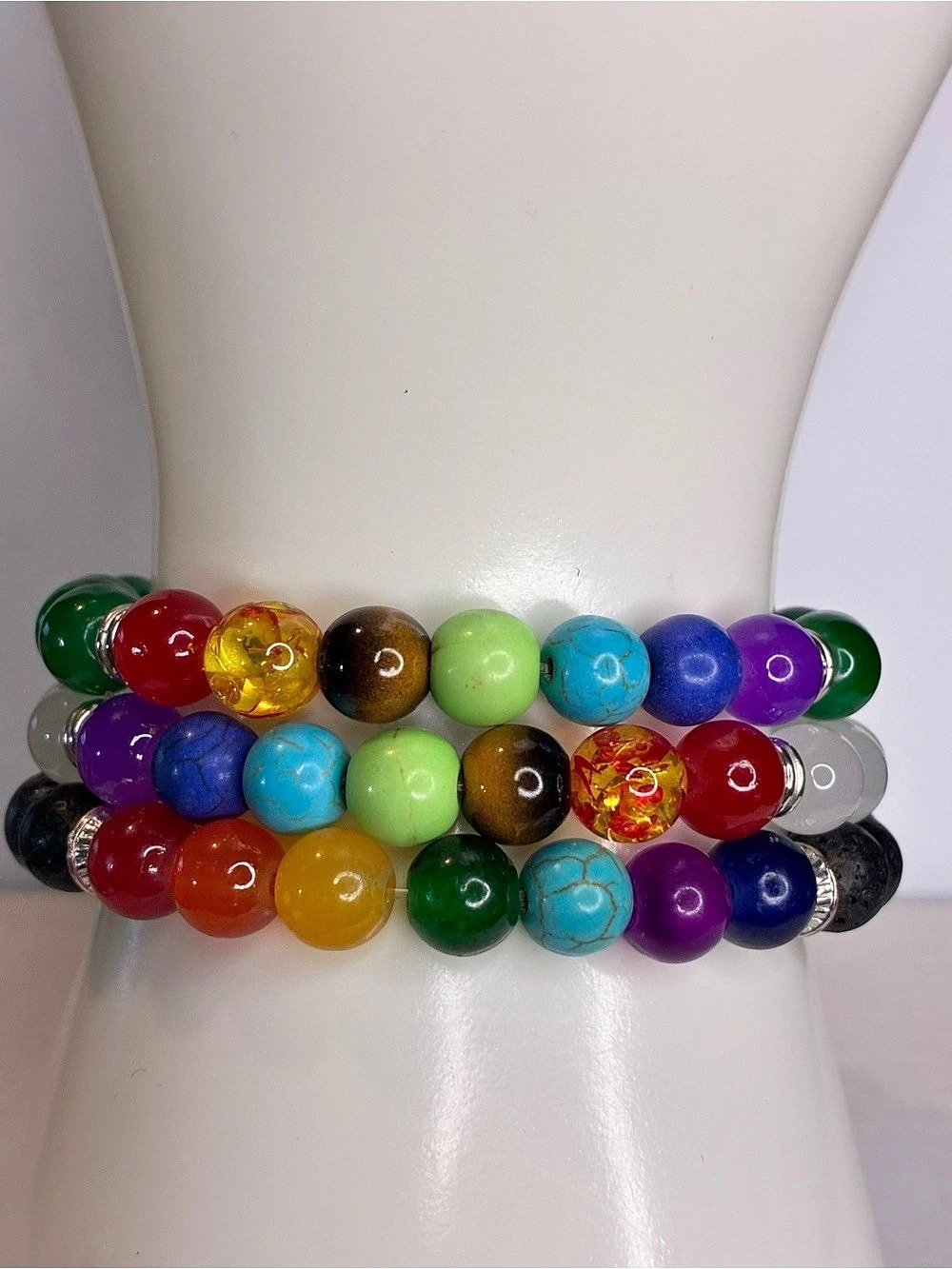 Glass Beaded Stretch Bracelet Stack in Green & Black New Without Tags